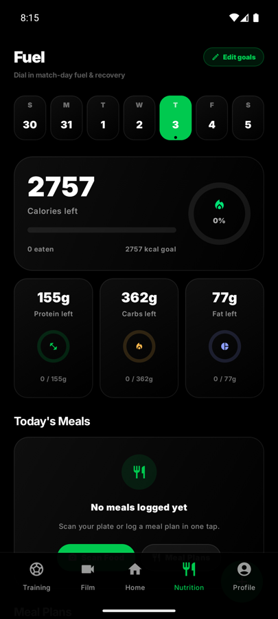 The Baller AI nutrition screen showing daily targets and logged meals